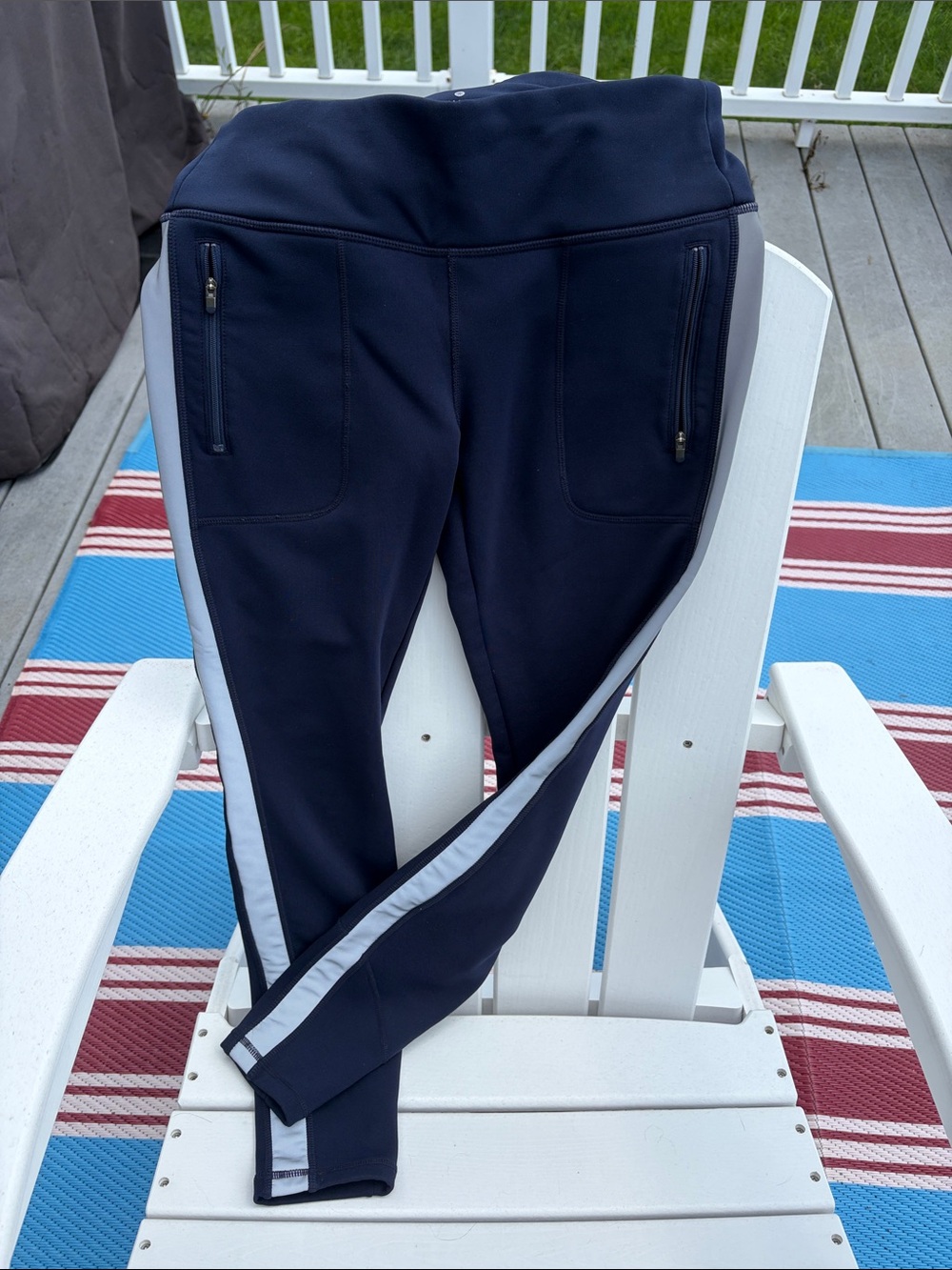 Athleta Navy bottoms with Light Gray Reflective Side Stripe